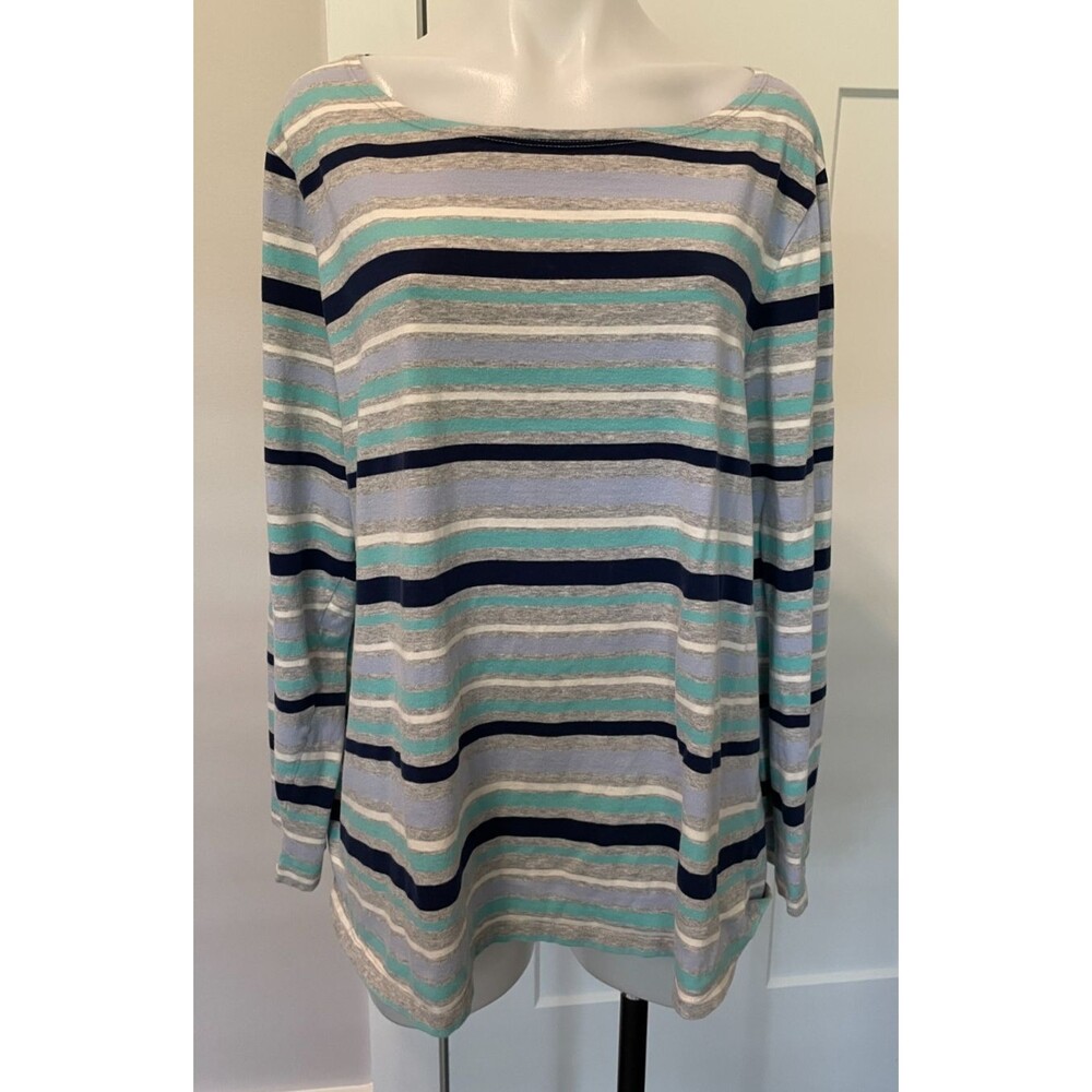 TALBOTS Womens Knit TOP Long Sleeve BLUE Gray STRIPE Round Neck Size 3X